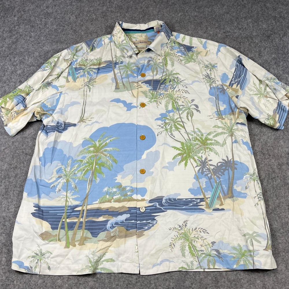Tommy Bahama Mens XL Silk Tropical Island Palm Tree Surfboard Shirt